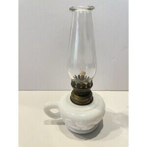Vintage Miniature Milk Glass Oil Lamp with Ornate Ruffled Chimney